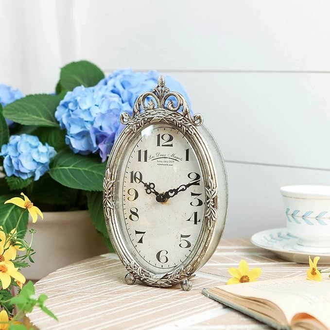 NIKKY HOME Small Vintage Table Clock, Silent Elegant Silver Desk Clock | Non-Ticking Battery-Operated Metal Decorative Shelf Clock, Perfect for Living Rooms, Offices, Shelves, Mantels