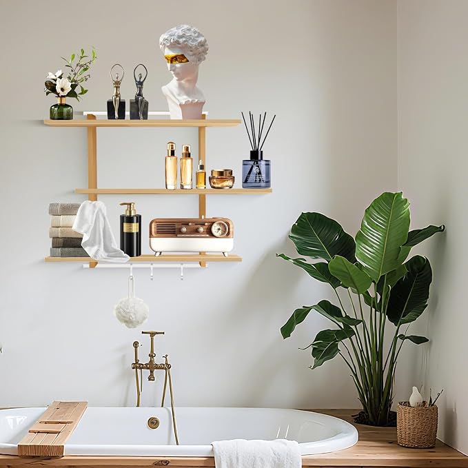 Wall Shelves，Variable Wood Floating Shelves of 3 Tier，Solid Oak Wall-Mounted Shelves for Bathroom, Living Room & Farmhouse Decor ，Easy Install Rustic Wood Floating Shelves