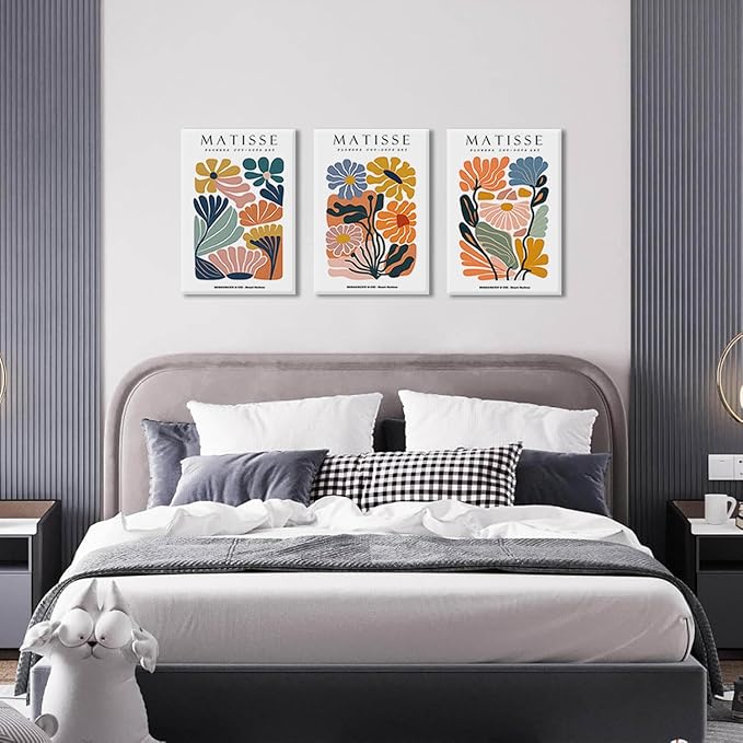 3Pcs Framed 16x24in Matisse Wall Art Canvas Colorful Boho Flower Posters Abstract Pictures Minimalist Plant Leaves Painting Prints Decor Aesthetic for Living Room Bedroom Dorm
