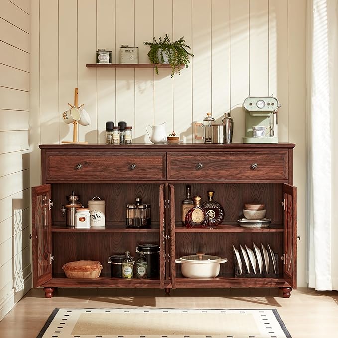 Farmhouse Sideboard Buffet Cabinet with Storage,59" Large Credenza with 4 Glass Doors & 2 Drawers,Adjustable Shelves Console Table,Wood Kitchen Coffee Bar for Dining Room,Living Room,Brown