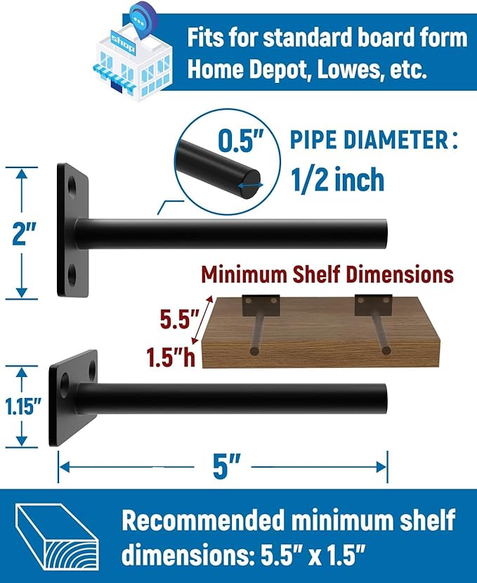 LEOPO Black 8-Pack 5 inch Floating Shelf Brackets, Hidden Shelf Bracket for Wood, Concealed Blind Shelving Support,Invisible Coated Brackets for DIY Decorative,Fit for Kitchen, Bathroom,Study Room