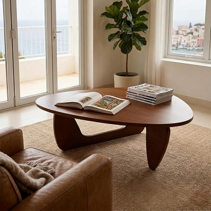 Solid Wood Coffee Table, Mid-Century Modern Triangle Center Table for Living Room, Triangular Wood Tea Table, Fingerprint-Free & Shatterproof, Walnut, 43.3" L x 27.5" W x 16.5" H