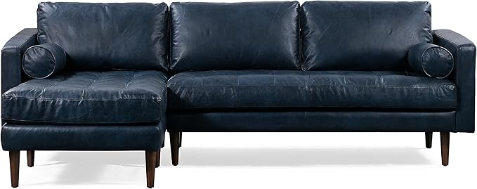 Poly & BARK Napa 104.5" Left-Facing Sectional Sofa – Midnight Blue Full-Grain Pure-Aniline Italian Leather, Feather-Down Cushions, Kiln-Dried Solid Wood Frame, Walnut Legs