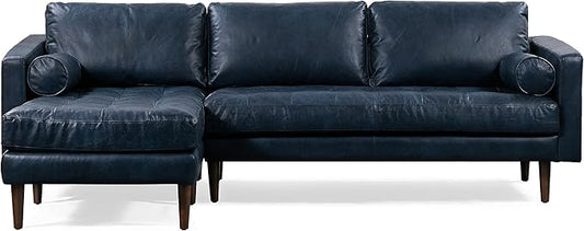 Poly & BARK Napa 104.5" Left-Facing Sectional Sofa – Midnight Blue Full-Grain Pure-Aniline Italian Leather, Feather-Down Cushions, Kiln-Dried Solid Wood Frame, Walnut Legs