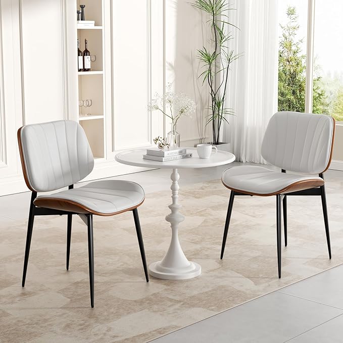 Dining Chairs Set of 4, Mid Century Modern, Upholstered Faux Leather, Walnut Bentwood Back, Metal Legs, White