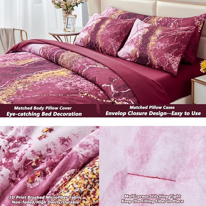 PERFEMET 6 Pcs Full Comforter Sets Burgundy Watercolor Marble Bed in A Bag Comforter Set Soft Lightweight Dark Red and Gold Bedding Quilt Set(Burgundy, Full)