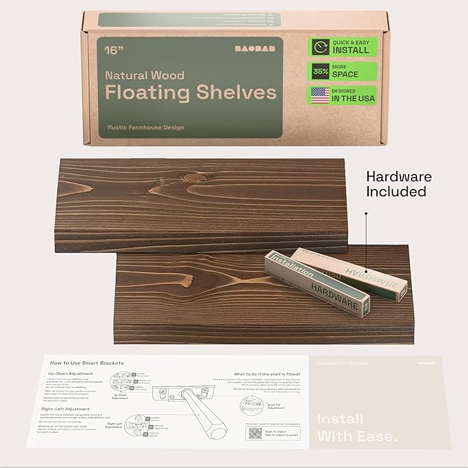 BAOBAB WORKSHOP Wood Floating Shelves for Wall - Wooden Floating Shelf 16 Inch - Rustic Bathroom Shelves for Room Wall for Kitchen Bedroom Living Room Farmhouse - Walnut Finish, 16″W × 6.7″D, Set of 2