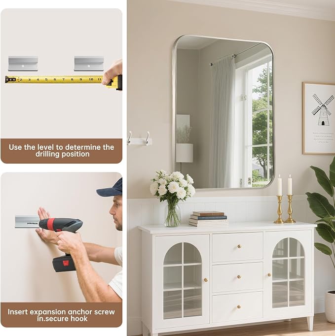 Brushed Nickel Mirror, 24"x32" Rectangle Bathroom Mirror, Metal Frame Rectangle Corner Vanity Mirror, Wall Mounted Mirror for Modern, Living Room, Bedroom, Horizontal Or Vertical