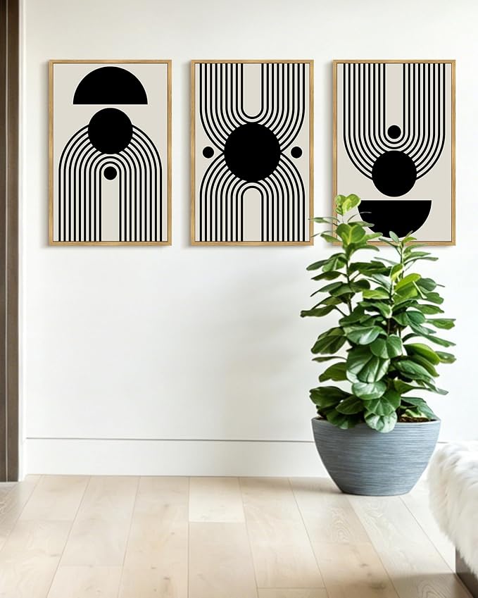 KUVIOKE Black Abstract Framed Wall Art Minimalist Geometry Lines Painting Artwork for Living Room Bedroom 24x36in (Natural Framed)