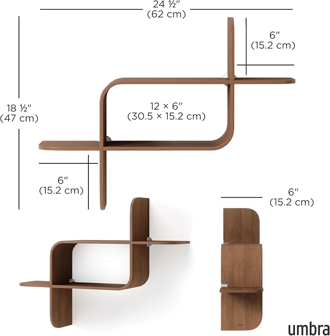 Umbra Montage Floating Wall Shelf Display Case, Made of Natural Bent Wood, Light Walnut
