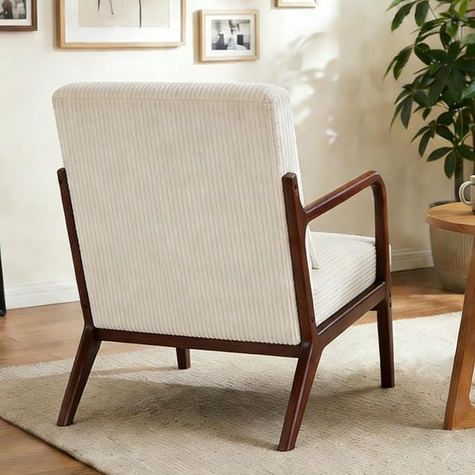 Accent Chairs, Mid Century Modern Chair with Pillow, Arm Chair with Solid Wood, Reading Relaxing Leisure Chair for Living Room, Waiting Room, White
