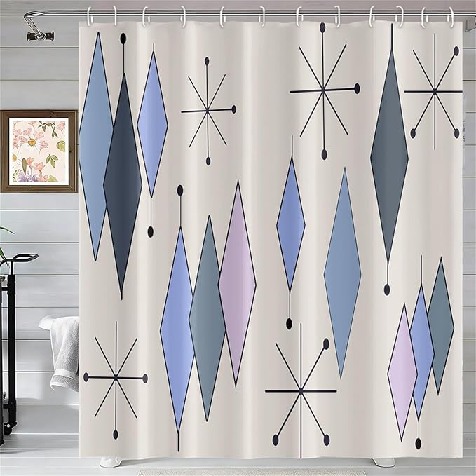 Mid Century Turquoise Shower Curtain Abstract Grey Blue Diamond Geometric Atomic Starburst Pattern Beige Backdrop for 1950s Retro Bathroom Decor Shower Curtain Set with 12 Hooks, 48x72 Inches