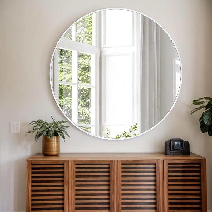 Tanmicoshomy Large Round Mirror 36 inch, White Wood Framed Circle Wall-Mounted Bathroom Mirror with Tempered Glass-Shatterproof for Entryway, Living Room or Bedroom