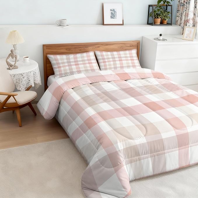Pink Checkered Full Size Comforter Sets 3 Piece, Buffalo Check Printed Pattern, Soft All Season Bed Comforter & 2 Pillow Sham, Farmhouse Plaid Bedroom Decor Reversible Bedding D-GM3