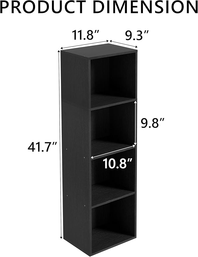 Wooden 4 Cube Storage Organizer, 4 Tier Storage Cubes Storage Display Cubby,Freestanding DIY Closet Shelving Unit for Living Room Bedroom Office(Black, 4 Cube-W(11.8inch)