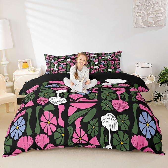 Erosebridal Boho Abstract Floral Duvet Cover King Mid Century Modern Bedding Set Vintage Pink Green Floral Comforter Cover for Kids Adults,Aesthetic Patchwork Geometric Bed Set