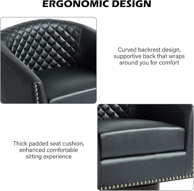 Swivel Barrel Accent Chair, Comfy Modern Upholstered Round Faux Leather Arm Chair for Living Room, Bedroom-Black, Set of 2