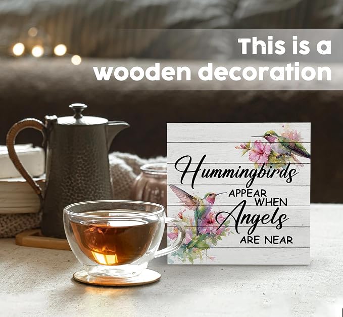 Hummingbird Decor, Hummingbird Gifts For Women, Hummingbirds Appear When Angels Are Near Wooden Box Signs, Farmhouse Floral Bird Wood Decoration Home Decor For Desk Table Shelf 6x6 Inch Decorative Signs & Plaques