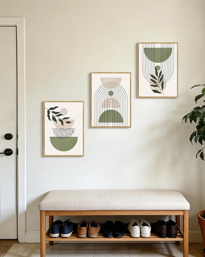 Drsoum Green Botanical Boho Wall Art Framed Modern Sage Bohemian Plant Wall Decor Abstract Geometry Lines Prints Ready to Hang 11x14in Natural Framed