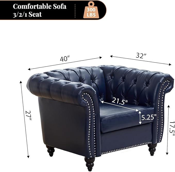 LEVNARY Chesterfield Armchair, Tufted Leather Accent Chair, Mid-Century Modern Single Chair with Rolled Arms and Nailhead Trim, PU Leather Reading Chair for Living Room (Blue)