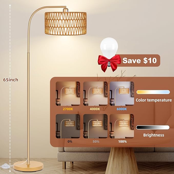 Gold Floor Lamps- Boho Floor Lamp for Room, Rattan Standing Lamps with Dimmable Bulb, Adjustable 2-in-1 Lampshades Arc Floor Lamp Over Couch Lamps for Living Room, Bedroom, Office
