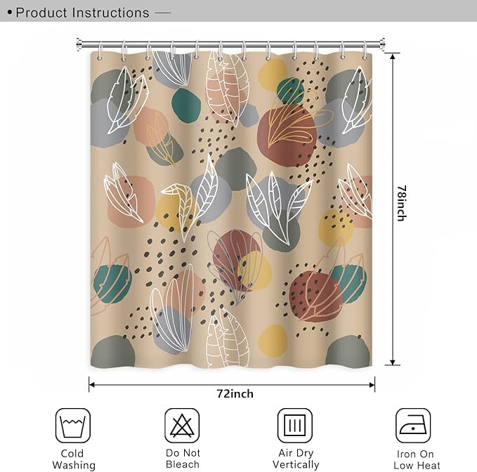 Abstract Mid Century Boho Leaves Colorful Geometric Pattern Shower Curtain, Washable Polyester Durable Fabric Aesthetics Bath Shower Curtain with Hooks, 72x78 Inch