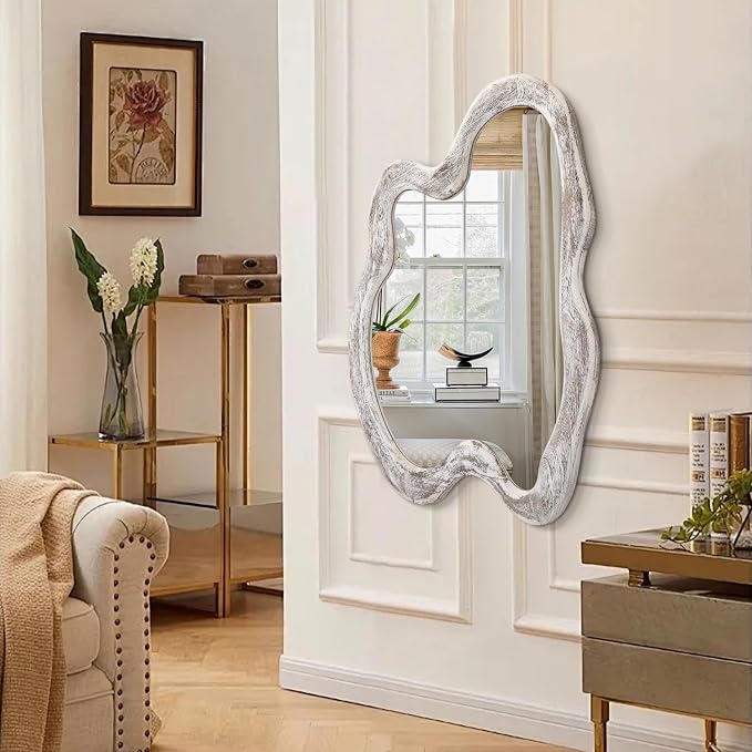 AAZZKANG Irregular Wooden Wall Mirror 28"x20" Asymmetrical Large Minimalist Decorative Mirrors for Wall,Rustic Irregular for Bedroom Living Room Entryway