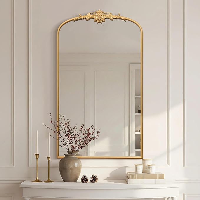 Besdomus Large Vintage Arched Mirror: 24"x42" Arch Gleaming Gold Antique Wall Mounted Mirror - Traditional Ornate Home Decor for Entryway/Fireplace/Bathroom - Idea for Trendy Fashionistas