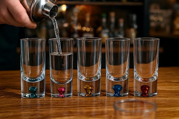 Barski Shot Glasses - Liquor Glass - Set of 6 - Crystal Glass - Assorted Colored Bubble in Base - Thick Base - 1.25 Oz. for Vodka, Whiskey, Tequila - Espressos - Spirits & Liquors - Made in Europe