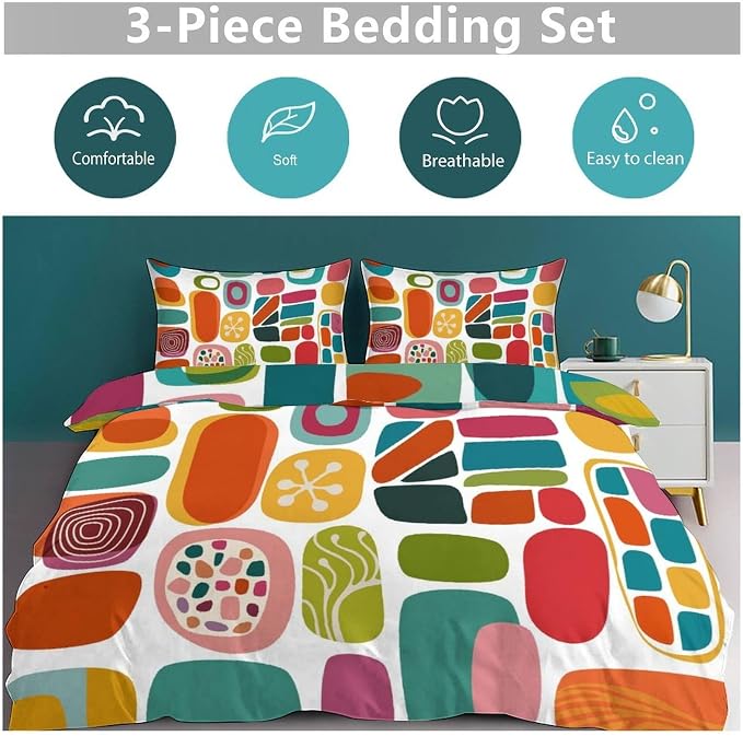 Mid Century Modern Bedding Set,Retro Geometric Colorful Diamond Abstract Geometric Vintage 60s 70s Pattern Comforter Set with Pillowcase for Bedroom Bed Decor,Queen 90"x90"