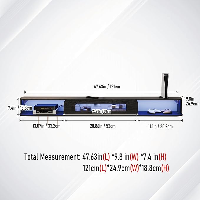 Floating TV Stand with LED Lights, 47'' Solid Wood Wall Mounted TV Cabinet with Glass Door, Mid-Century Entertainment Media Console Center Large Storage Shelf Under TV (47.24IN, Black)