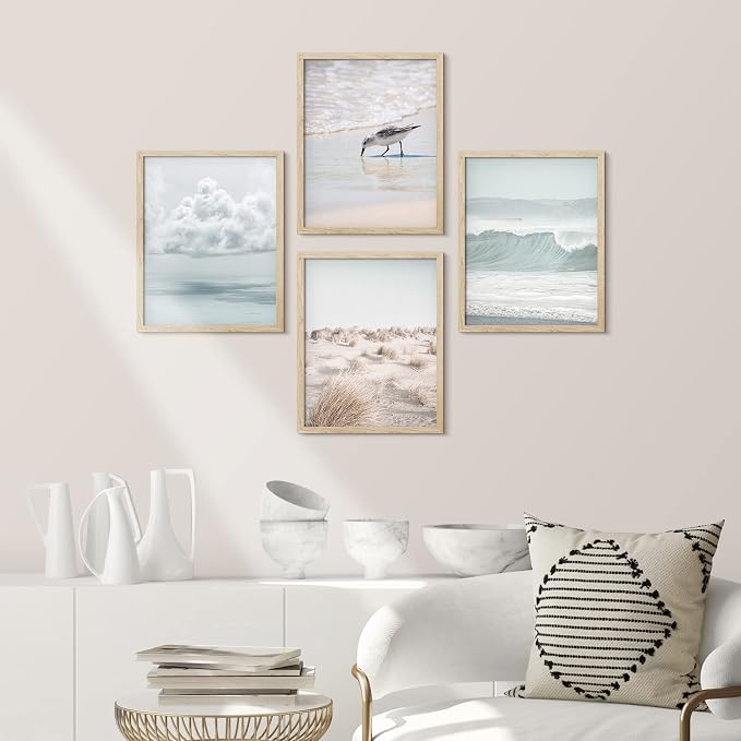 SIGNWIN Framed White Nautical Ocean Sea Beach Grass Seagull Wall Art, Set of 4 Landscape Colorful Wall Decor Prints, Nature Wilderness Wall Décor for Living Room, Bedroom - 12"x16" Natural