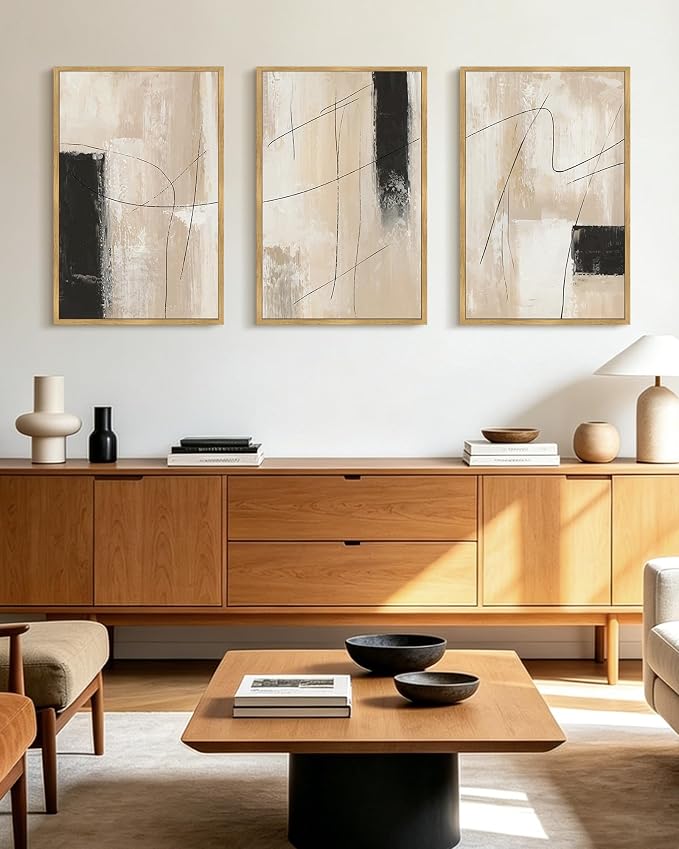KUVIOKE Abstract Framed Wall Art Minimalist Beige Pastel Watercolor Neutral Wall Decor Modern Black Line Art Painting for Bedroom Dining Room 16x24in (Natural Framed)