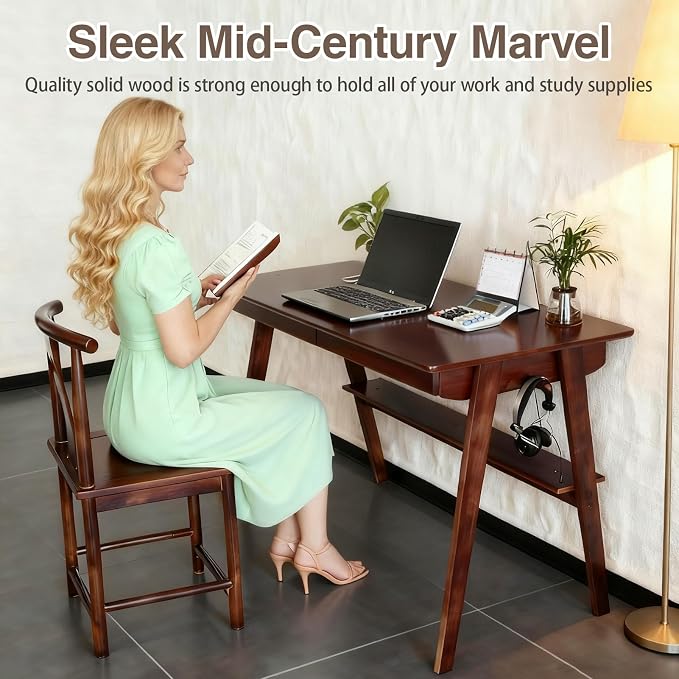 Mid-Century Modern 100% Solid Wood Writing Desk, 47" Rubberwood Home Office Computer Table & Workstation Desk with 2 Drawers, Lower Shelf & Side Hooks, 350 lbs Load, Laptop Desk