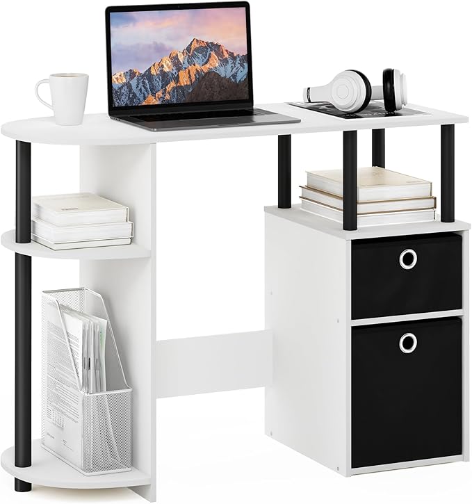 Furinno Jaya Desk, 38.4" Wide Gaming Desk with Bin Drawers, Computer Desk with Side Shelf, Office Desk for Study, Home Office, Bedroom, Dorm, Study Room, White