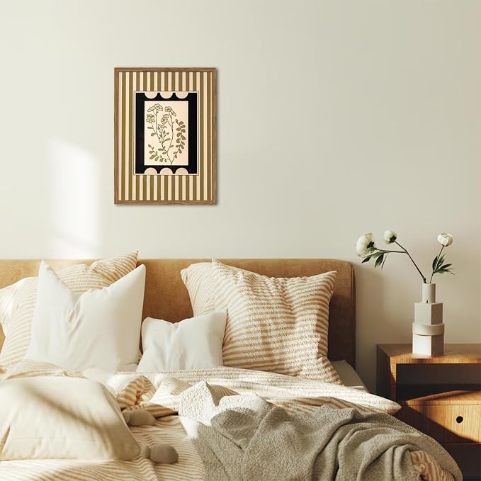Vintage Boho Floral Wall Art Modern Botanical Flower Wall Decor Painting, Mid Century Plant Striped Poster Canvas Print Picture for Living Room Bedroom 12x16 inch Wood Framed