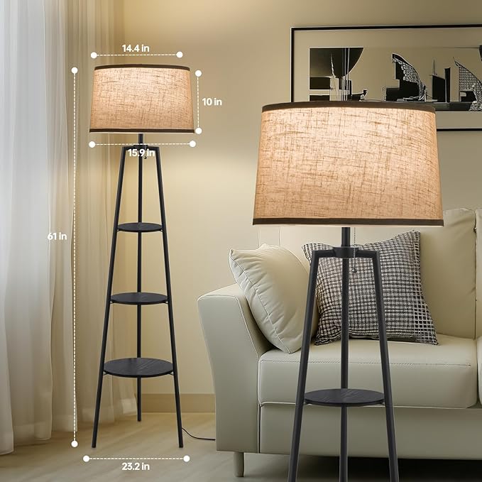 EOEYYOYB 3 Tier Shelf Floor Lamps for Living Room, Modern Standing Lamp with 3 Color Temperature Led Bulb, Tall Lamps for Bedroom and Office, Black