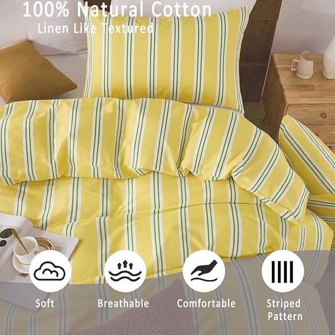 Merryword Striped Duvet Cover Set Queen Size - 100% Cotton Duvet Cover Set, Yellow Ribbon Stripes Pattern Comforter Cover 3 Pieces, Soft Linen Like Bedding Set for All Seasons
