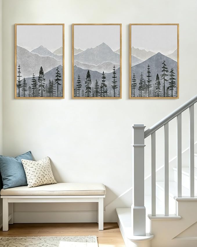 KUVIOKE Mountain Landscape Framed Wall Art Watercolor Nature Forest Painting Boho Farmhouse Rustic Room Decor for Bedroom Dining Room 16x24in (Natural Framed)