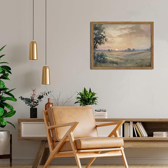Vintage Sunset Wall Art Rustic Cottagecore Landscape Wall Decor Fall Country Nature Painting Artwork 3D Textured Sandstone for Living Room Bedroom 16x24 Inch Wood Framed