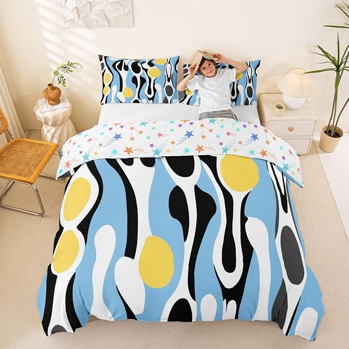 Erosebridal Mid Century Modern Abstract Duvet Cover Set Vintage Geometric Queen Bedding Set for Teenage Boys Contemporary Organic Shapes Comforter Cover Squiggle Blob Bed Sets,Blue Yellow