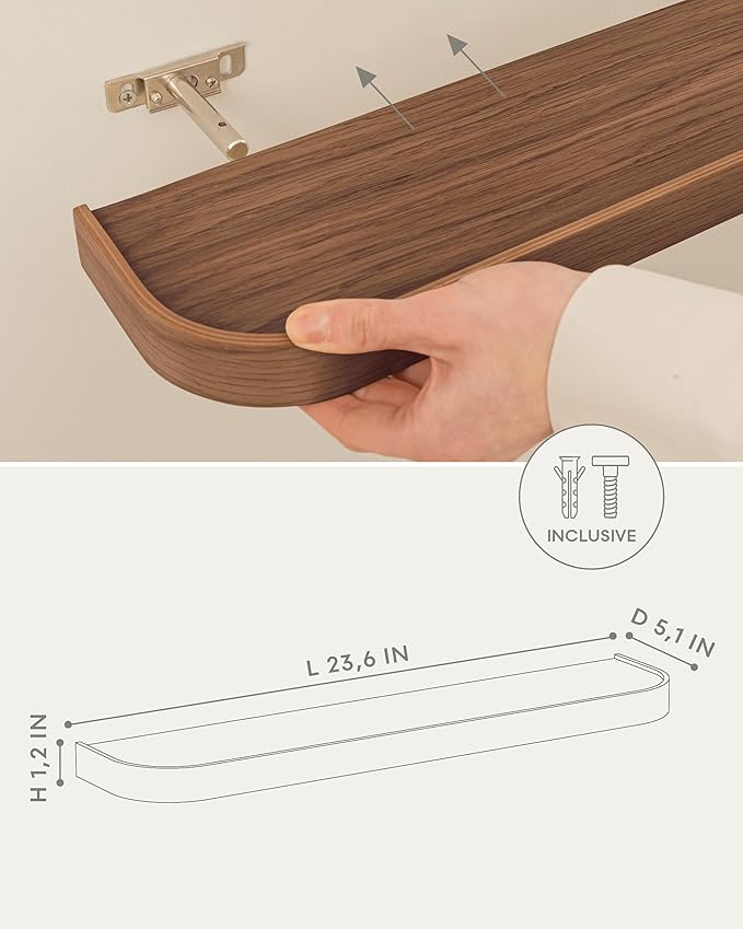 Kazai.® 23.6 inches Floating Shelves for Wall 'Toke' | Set of 2 Small Mounted Wooden Shelf Units | Modern Wall Decor & Storage for Living Room, Bathroom, Kitchen, Bedroom & More | Walnut