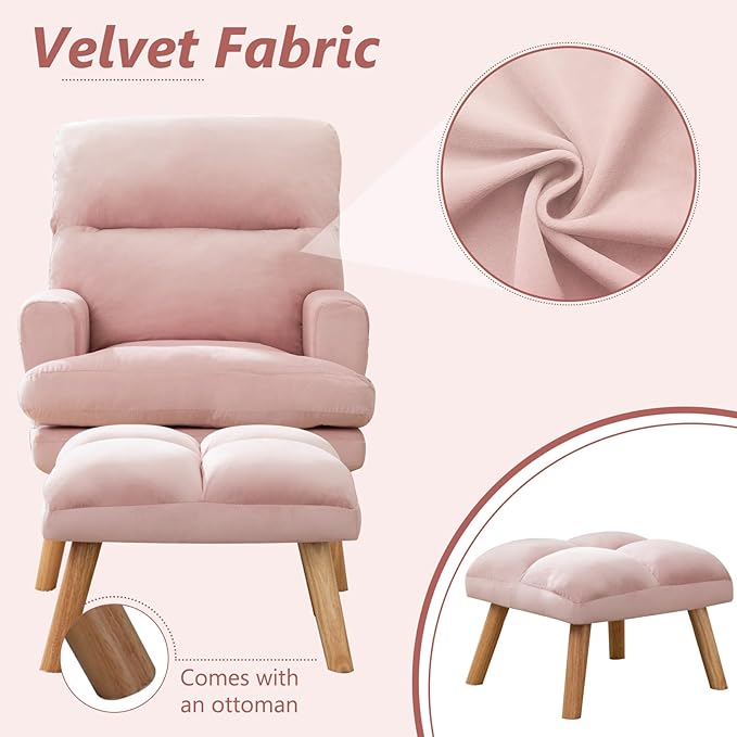 Accent Chair with Ottoman Comfy Reading Chair Armchair with Adjustable Backrest and Side Pockets Soft Fabric Leisure Sofa for Bedroom, Living Room, Dorm Rooms, Garden, Pink