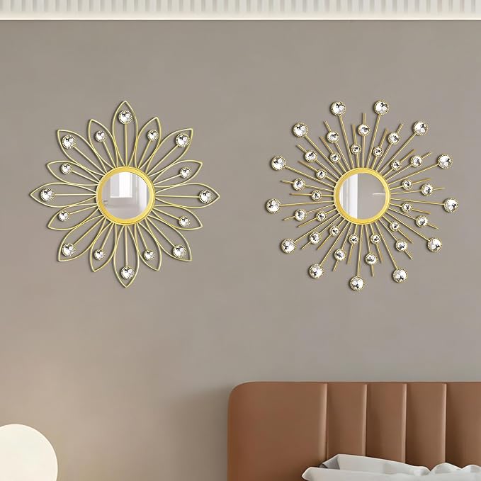 2 Pack Metal Mirrors for Wall Boho Sunburst Wall Mirror Home Decor Modern Decorative Wall Art for Bedroom Living Room Entryway