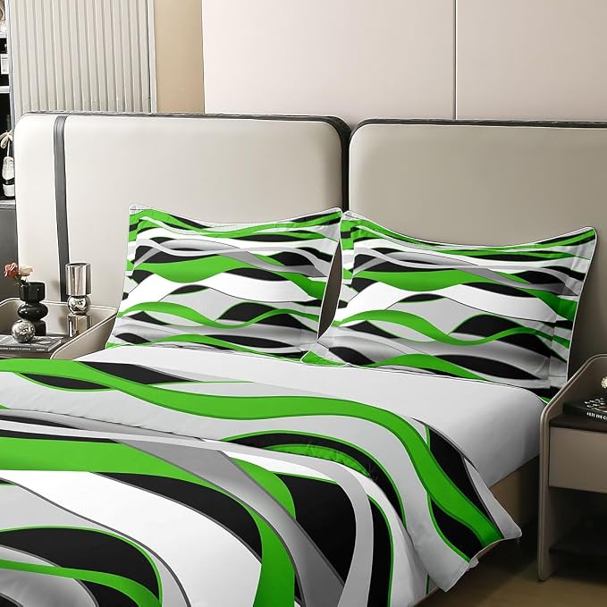 Erosebridal Geometric Stripes 100% Cotton Duvet Cover Full Modern Abstract Boho Bedding Set for Kids Teens Adults Grey Black Green Comforter Cover Simple Spiral Lines Bed Set 3 Pcs