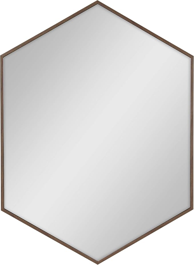 Kate and Laurel Rhodes Mid-Century Modern Hexagon Wall Mirror, Walnut Brown, 31x22-Inches