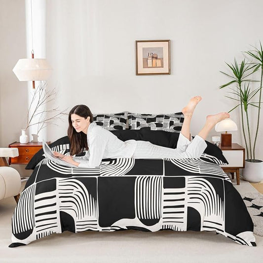 Erosebridal Black White Boys Duvet Cover Toddler Size Bohemian Geometric Bedding Set 2 Piece Mid Century Abstract Comforter Cover Boho Stripes Minimalist Bed Sets for Kids Teens Adult Men Bedroom