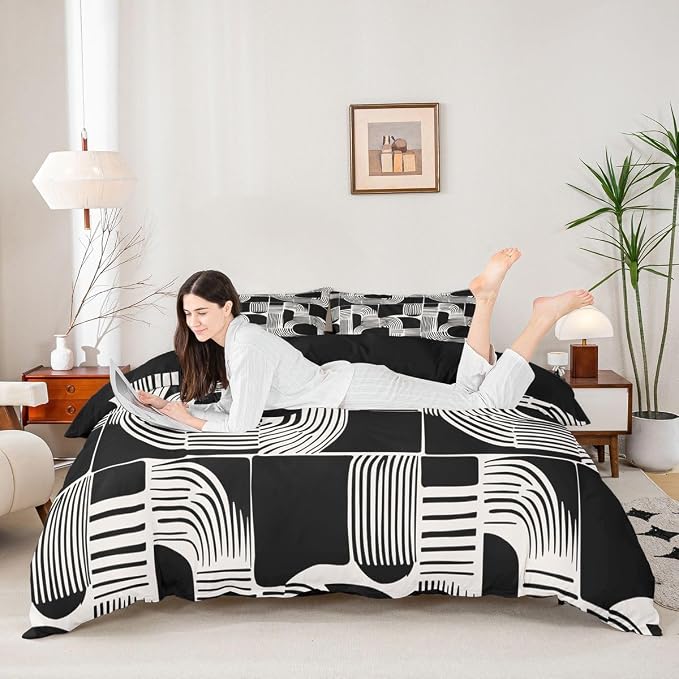 Erosebridal Black White Boys Duvet Cover King Size Bohemian Geometric Bedding Set 3 Piece Mid Century Abstract Comforter Cover Boho Stripes Minimalist Bed Sets for Kids Teens Adult Men Bedroom Decor