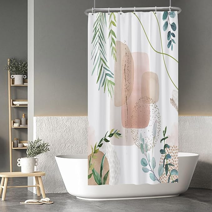 Baocicoo Minimalist Leaves Shower Curtain - Modern Abstract Geometric Botanical for Bathroom, Family, Camping, Hostel - Polyester with Hooks - 36x72 Inches