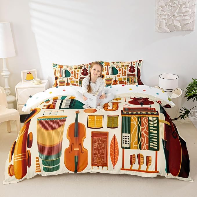 Erosebridal Retro Music Comforter Cover King for Kids Adults - Vintage Music Bedding Set Mid Century Musical Instruments Duvet Cover,Trendy Boho Jazz Instrument Bed Set